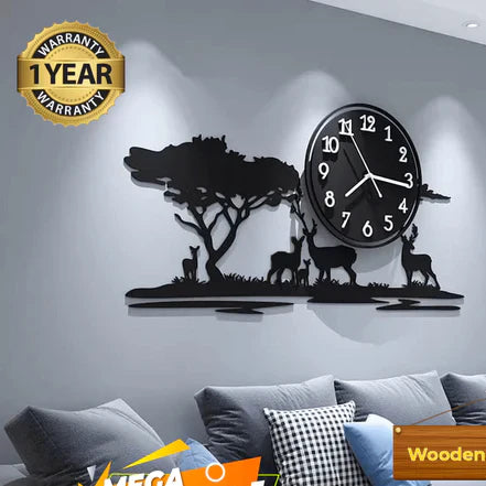 Big Wooden Grazing Deers in Meadows wall clock